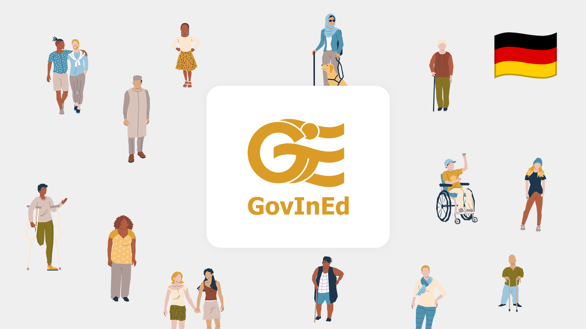 Eine Illustration mit dem Titel „GovInEd“ zeigt verschiedene Personen rund um das Logo. Eine deutsche Flagge in der oberen rechten Ecke symbolisiert, dass dies die deutsche Version des Kurses ist