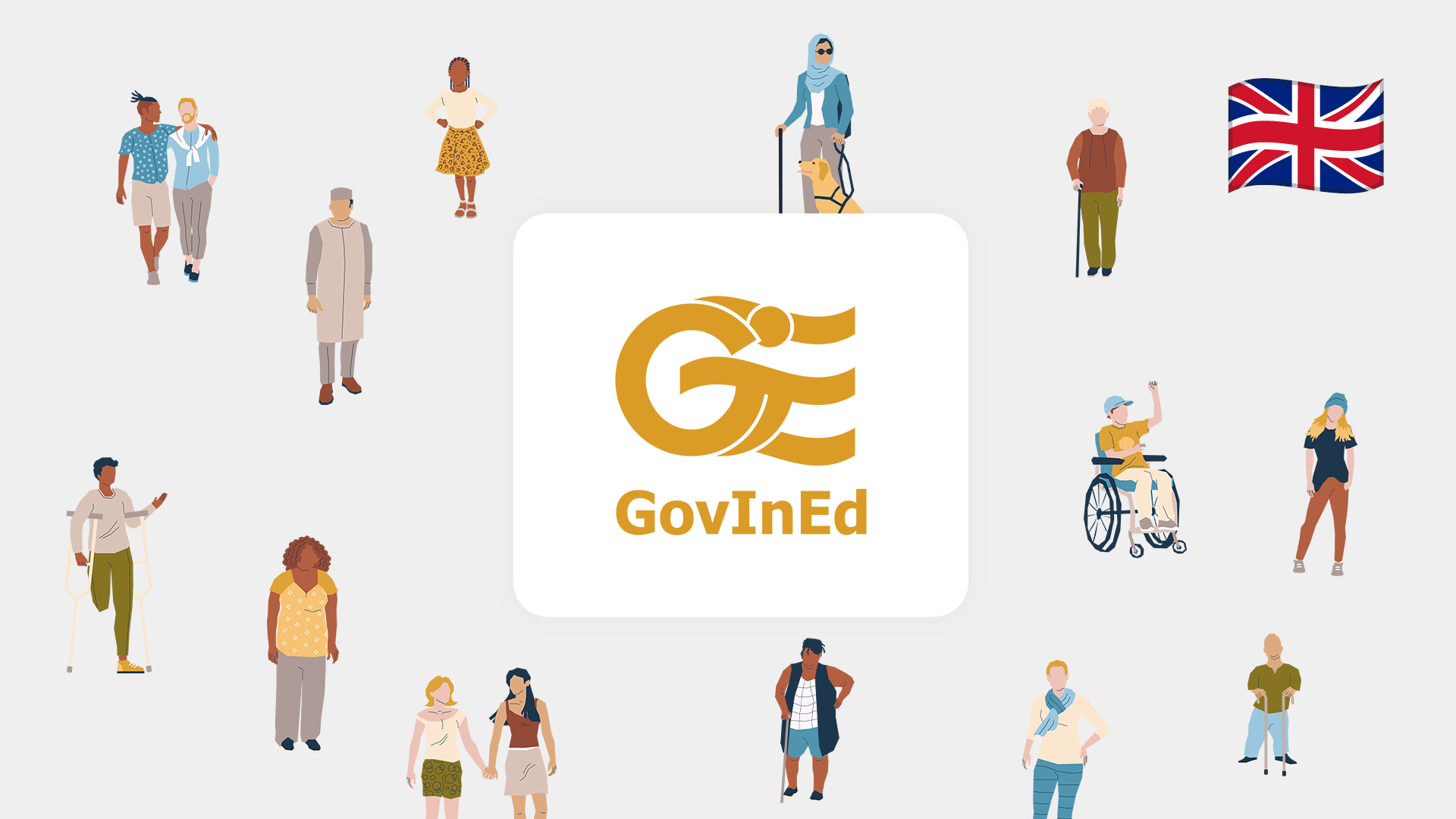 An illustration titled "GovInEd" shows diverse individuals around the logo. A British flag is in the top right corner to symbolize that this is the english version of the course